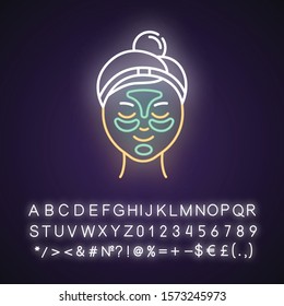 Applying hydrogel patches neon light icon. Skin care procedure. Blackheads removal. Gel mask. Dermatology, cosmetics. Glowing sign with alphabet, numbers and symbols. Vector isolated illustration