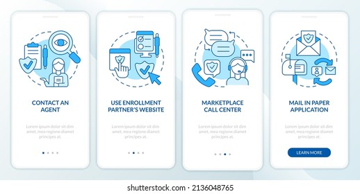 Applying for insurance ways blue onboarding mobile app screen. Policy walkthrough 4 steps graphic instructions pages with linear concepts. UI, UX, GUI template. Myriad Pro-Bold, Regular fonts used