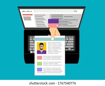Applying for job, giving CV, job competition out from laptop. Human resources, online job application, job interview vector concept
