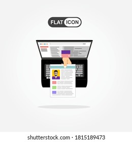 Applying for job, giving CV, job competition out from laptop. Human resources, online job application, job interview vector concept