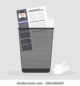 Applying for a job. Rejected. Failure. Experience and skills. CV in a trash bin. Curriculum vitae / flat editable vector illustration, clip art