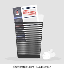 Applying for a job. Rejected. Failure. Experience and skills. CV in a trash bin. Curriculum vitae / flat editable vector illustration, clip art