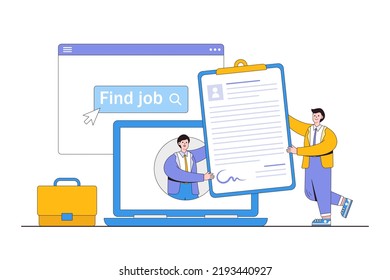 Applying for job or work position online, employment vacancy, career opportunity, CV in internet, Recruitment, now hiring concepts. Businessman out from laptop computer and giving resume to employer.