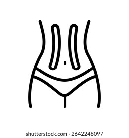 Aplicando fita kinesio para o ícone do contorno do estômago. Perda de peso. Redução da gordura da barriga. Aliviar a dor muscular abdominal. Ilustração isolada de vetor