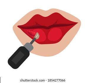 Aplicando brillo de labios, labios sobre fondo blanco aislado