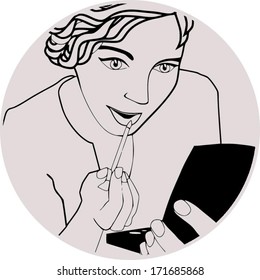 Applying lip gloss - makeup vector illustration. Apply make-up or cosmetics to face to appear prettier. Makeup that makes the lips shiny.