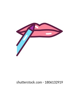 Applying lip makeup color line icon. Professional facial makeup. Beauty industry. Isolated vector element. Outline pictogram for web page, mobile app, promo.