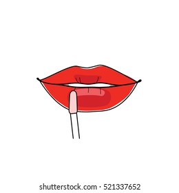 Applying lips balsam. Make up. Vector illustration.