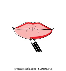 Applying lipstick. Red lips pencil. Beauty vector illustration.