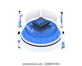 Aplicación del aprendizaje automático en la atención de la salud: utilizar algoritmos para analizar datos médicos para mejorar los diagnósticos y los resultados del tratamiento. Inteligencia artificial en la ilustración isométrica de la atención sanitaria