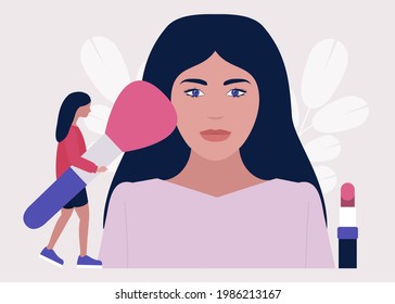 Aplicando el concepto de maquillaje. Ilustración de vector plana colorida