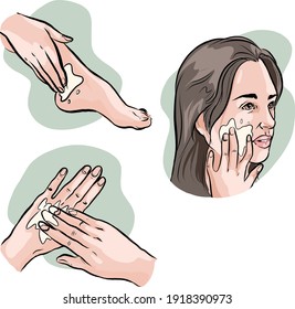aplicación del hidratante a la ilustración vectorial de manos, caras y pies