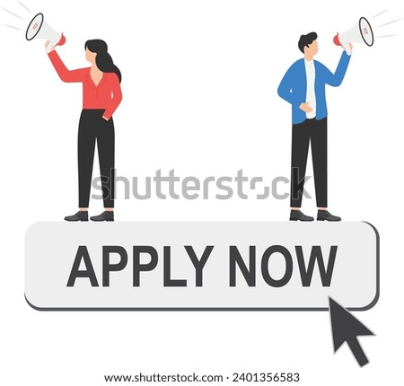 Applying for a new job online, career opportunity or employment vacancy, job application or opening position concept, businessman holding apply now with mouse pointer to click.

