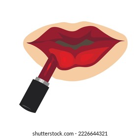 Aplicar lápiz labial rojo, labios hermosos sobre fondo blanco