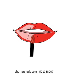 Applying red lipstick by brush. Vector illustration. Woman lips make up.