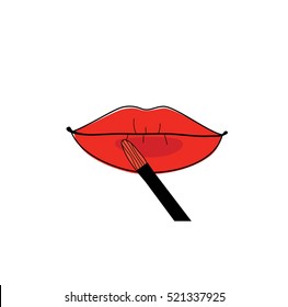 Applying red lipstick. Vector illustration.