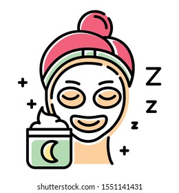 Applying sleeping cream color icon. Skin care procedure. Facial treatment. Night cream for relaxation. Everyday beauty routine step. Dermatology, cosmetics, makeup. Isolated vector illustration