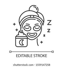 Applying sleeping cream linear icon. Skin care procedure. Facial treatment. Night cream. Cosmetics, makeup. Thin line illustration. Contour symbol. Vector isolated outline drawing. Editable stroke