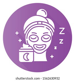 Applying sleeping cream purple flat design long shadow glyph icon. Skin care procedure. Facial treatment. Night cream for relaxation. Everyday beauty routine step. Vector silhouette illustration