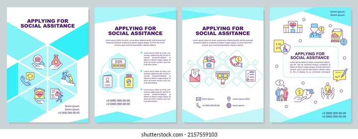 Applying for social assistance brochure template. Program and service. Leaflet design with linear icons. 4 vector layouts for presentation, annual reports. Arial-Black, Myriad Pro-Regular fonts used