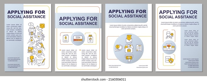 Applying for social assistance grey brochure template. Program, service. Leaflet design with linear icons. 4 vector layouts for presentation, annual reports. Arial-Black, Myriad Pro-Regular fonts used