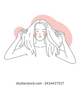 Applying treatment serum on hair. Beauty hair care routine, oil hair treatment line vector illustration