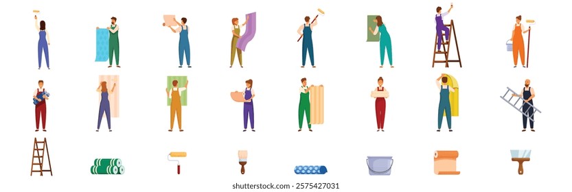 Applying wallpapers icons set. Various decorators are busy renovating, hanging wallpaper, painting, and utilizing tools in this vibrant illustration set