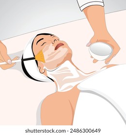 Applying white moisturizing mask to the face of a young girl client in a spa beauty salon vector illustration