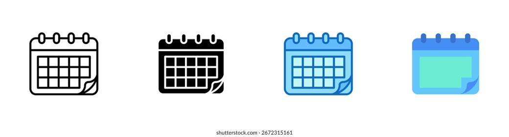 Vector de diseño de hojas de íconos de estilos múltiples: calendario con la esquina de la página girada, que representa la programación, las reuniones o la configuración de citas del Cliente