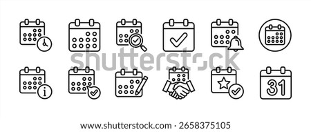Appointment calendar schedule icon set. Contains date, plan, booking management, time reminder, meeting, information, checkmark, reservation, planner, notice, agenda. Vector illustration