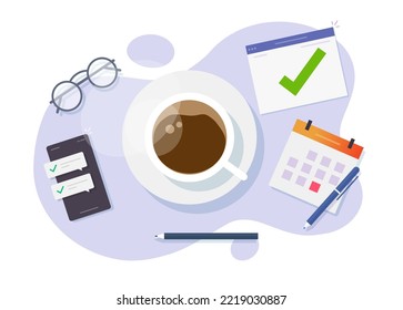 Appointment with coffee cup break time off from work vector concept, americano mug break pause on desktop table desk above top view, all tasks finished on office workplace illustrated