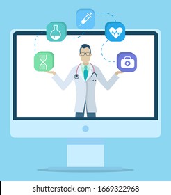 Appointment for consultation and determination of disease through computer. Doctor examine patients remotely. Medical web application on your device. Vector illustration of online medicine in flat