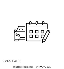 Fecha de cita para el icono de servicio de coche, pre-registro para la reparación de automóviles línea delgada símbolo aislado sobre fondo blanco, trazo editable eps 10 Ilustración vectorial