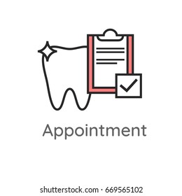 Appointment. Dental check-up or visit symbol. Tooth with a notepad. Dental icon. Web pictogram for dentistry. Stomatology concept, logo or illustration. Dentist reception label.