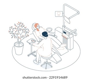 Appointment at the dentist - modern line design style isometric illustration on white background. Composition with patient in the doctors chair after the treatment procedure. Caring for the oral idea