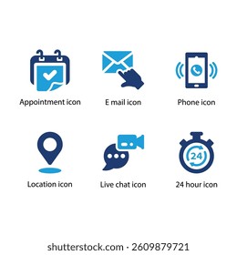 Appointment, E mail, Phone, Location, Live chat, 24 hour, Blue Icon Set