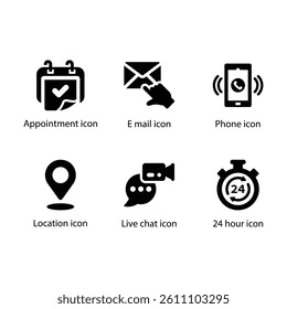Appointment, E mail, Phone, Location, Live chat, 24 hour, Black Icon Set
