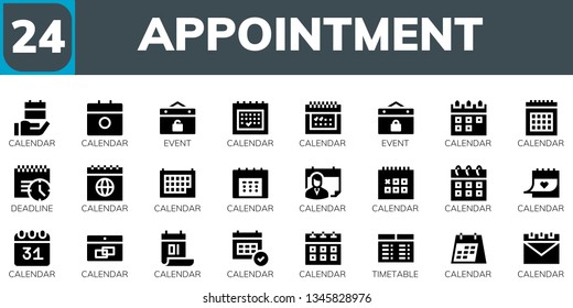 appointment icon set. 24 filled appointment icons.  Collection Of - Calendar, Event, Deadline, Timetable