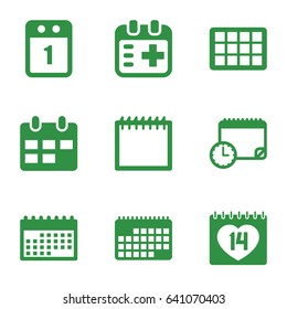 Appointment icons set. set of 9 appointment filled icons such as 14 date, medical appointment, 1st day calendar, calendar