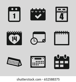 Appointment icons set. set of 9 appointment filled icons such as 14 date, 1st day calendar