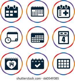 Appointment icons set. set of 9 appointment filled icons such as 14 date, medical appointment, calendar, 4th date calendar