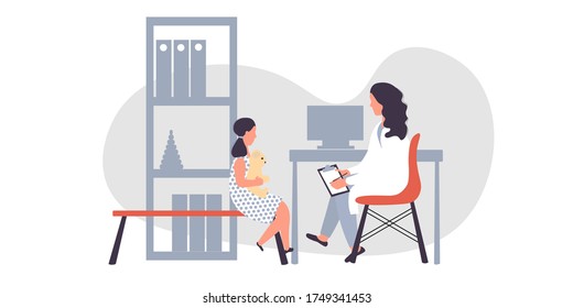 Appointment At Kid Doctor Concept. Pediatrician Check Up A Child In Medical Cabinet. Girl Patient Visit At 
Therapist. Cute Illustration In Flat Style.