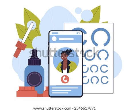 Appointment with oculist online. Vision test at optician. Health care and medicine. Diagnosis and treatment. Consultation on internet. Flat vector illustration isolated on white background