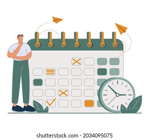 Appointment plan and calendar meeting time reminder note tiny person concept. Schedule deadline for business event vector illustration. Efficient agenda management with information monitoring habit.