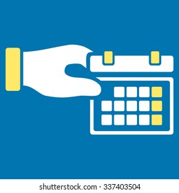 Appointment Properties vector icon. Style is bicolor flat symbol, yellow and white colors, rounded angles, blue background.