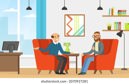 Appointment with Psychologist with Man Having Individual Therapy Vector Illustration