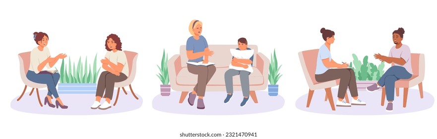 Appointment with psychologist. Set of people talking with doctor. Emotional support and consultation for child. Multicultural patients listening medical worker. Vector flat illustration