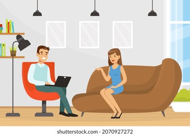 Appointment with Psychologist with Woman Having Individual Therapy Vector Illustration