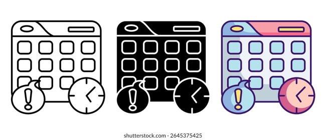Ícone de lembrete de compromisso representado por calendário,relógio,marca Linha, Preenchido, Estilo de cor.