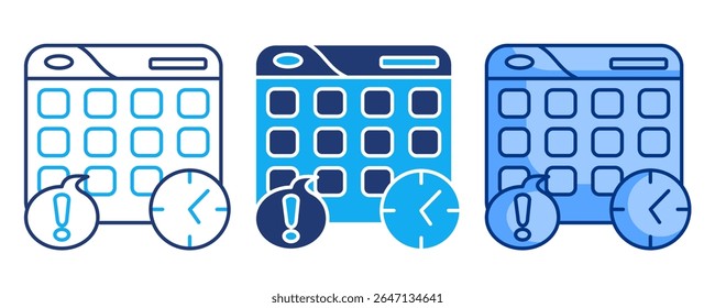 Ícone de lembrete de compromisso representado por calendário,relógio,marcador Azul, Dualine, estilo Dualtone.